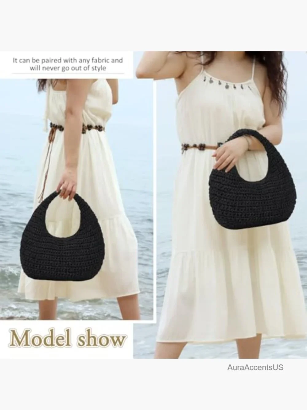 Crescent Straw Shoulder Bag Summer Beach Tote Handwoven Hobo Bag Purse - Picture 2 of 6